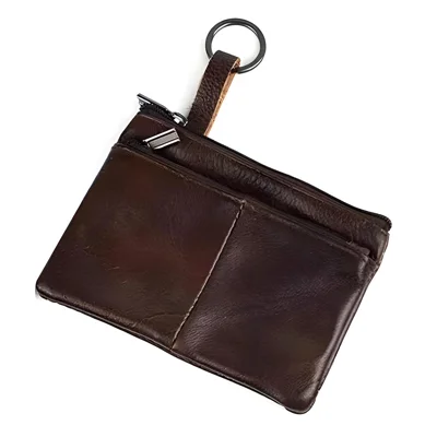 COTECi OT-001 Mini Wallet Genuine Cow Leather Coin Purse with Key Ring Double Zipper - Dark Brown