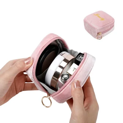 10x10x5cm Mini Velvet Cosmetic Bag Waterproof Lipstick Pouch Magic Tape Zipper Makeup Organizer for Travel - Pink