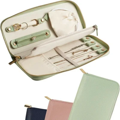 Leather Jewelry Organizer Travel Case Portable Storage Bag for Necklaces Rings Earrings - Green