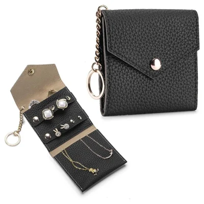 Travel Leather Jewelry Organizer Case Compact Portable Storage Bag for Earrings Rings Necklace - Black