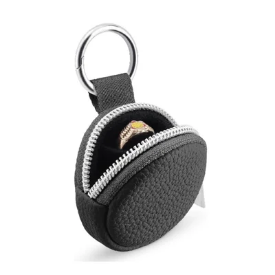 Portable Mini Jewelry Box Travel Organizer Case Ring Earring Storage Pouch with Keychain Hook - Black  /  PU