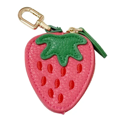 Cartoon Fruit-Shaped Mini Coin Purse Portable PU Leather Small Bag with Hook for Keys Money - Strawberry