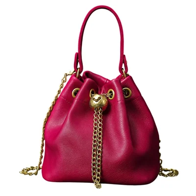 7628 Mini Bucket Bag Cowhide Leather Drawstring Crossbody Handbag with Chain Shoulder Strap for Women - Red
