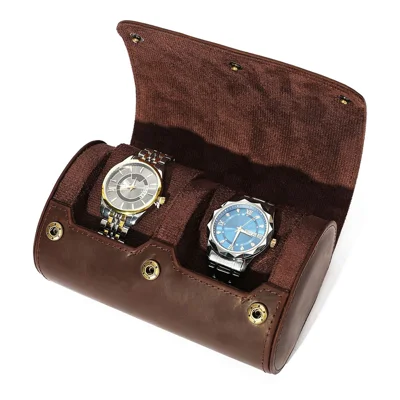 Q8078 Dual Watch Travel Case Genuine Cow Leather Watch Storage Box Portable Roll Organizer - Red Coffee