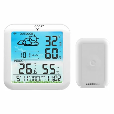 Estación Meteorológica Inalámbrica TS-8085 con Pantalla a Color, Reloj de Temperatura y Humedad Interior y Exterior - Blanco
