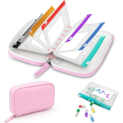 Organisateur de Pochettes à Pilules Étanche et Antichoc en EVA 7 Pochettes à Fermeture Éclair Détachable pour Voyage - Rose