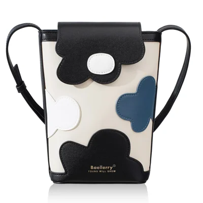 BAELLERRY N3117 Pochette pour téléphone en cuir PU Motif floral avec fermoir magnétique Sangle d'épaule réglable Sac porté épaule - Noir
