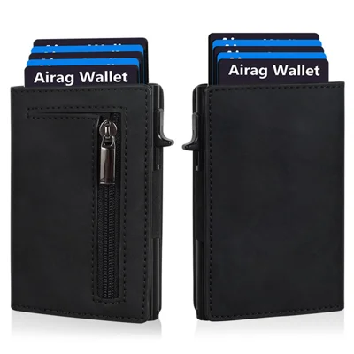 RFID Blocking Aluminum Wallet Quick Release Pop-up Card Holder with Zipper Coin Pocket - Black