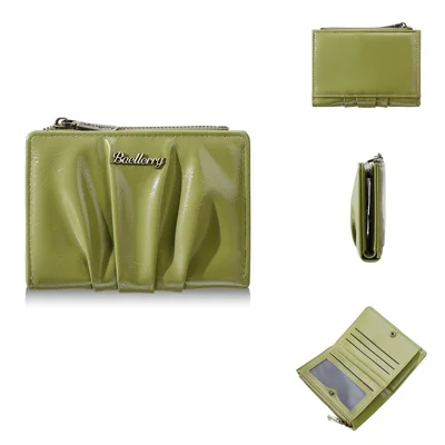 Portefeuille BAELLERRY N8398 à double rabat, texture cuir grainée, poche pour pièces avec fermeture à glissière et bouton pression, petit porte-monnaie pour usage quotidien - Vert clair