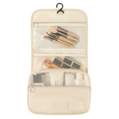 Hängender Kulturbeutel aus Twill-Oxford-Stoff mit Trocken-Nass-Trennung für Reisen – Beige
