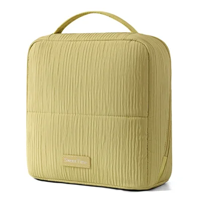 Standing Makeup Bag Large Capacity Polyester Waterproof Dry Wet Separation Detachable Mirror Cosmetic Organizer for Travel - Yellow