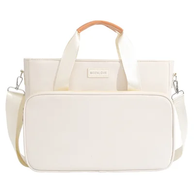 Laptop Bag Waterproof Polyester + PU Handle Multi-Compartment Large Capacity Detachable Shoulder Strap Computer Bag - Beige
