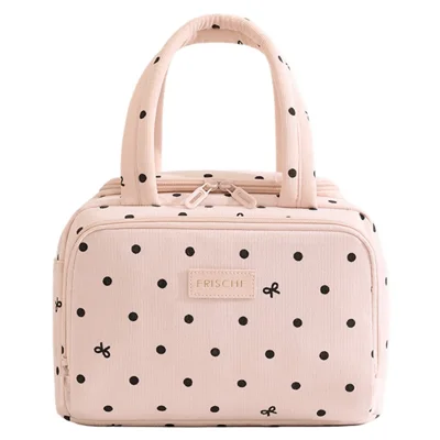 Lunch Bag Corduroy + PEVA Thermal Insulated Waterproof Multi-Compartment 7L Food Carrier for Office School - Pink Polka Dots
