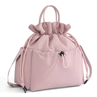 Drawstring Lunch Bag Nylon Corduroy Waterproof Multi Compartment Tote Bag for Work School Commuting - Rose Pink