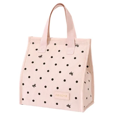 Lunch Bag 5.8L Corduroy + Aluminum Foil Insulated Thermal Foldable Portable Tote Bag for Work School - Pink Polka Dots