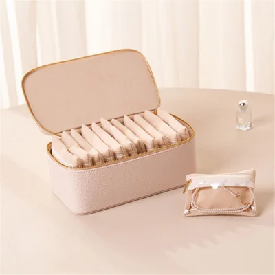 Multi-Function Jewelry Box with 12 Storage Pouches Waterproof Dustproof PU + Velvet Portable Organizer for Travel Home - Beige