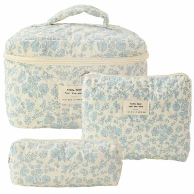 3Pcs Cosmetic Bags Quilted Cotton Floral Pattern Portable Handle Travel Storage Organizer Set - White Bottom Blue Flower
