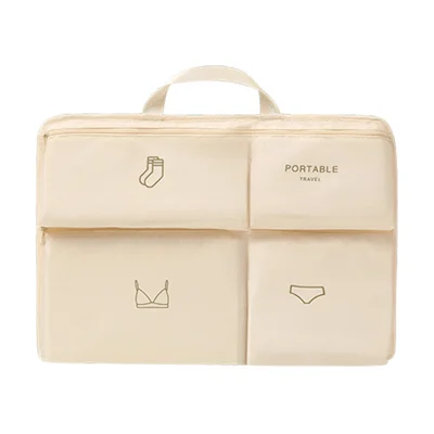 Sac de rangement pour sous-vêtements de voyage à quatre compartiments avec tissu sergé, fermeture éclair lisse, poignée suspendable pour valise et armoire d'hôtel - Beige