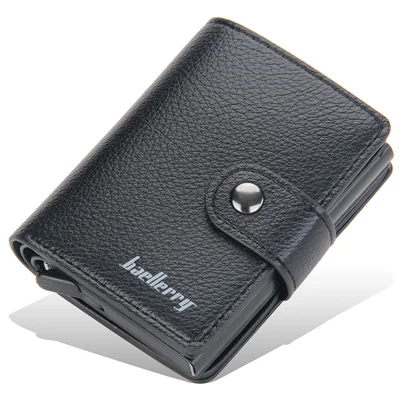 BAELLERRY K9148 Portafoglio con Blocco RFID Texture Pelle di Lichie PU + Custodia in Lega di Alluminio Portacard Automatico a Scomparsa - Nero
