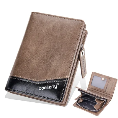 Portafoglio corto con cerniera BAELLERRY D3246 per uomo in ecopelle, portafoglio pieghevole con multi scomparti per carte, portamonete da lavoro con colori abbinati - Marrone