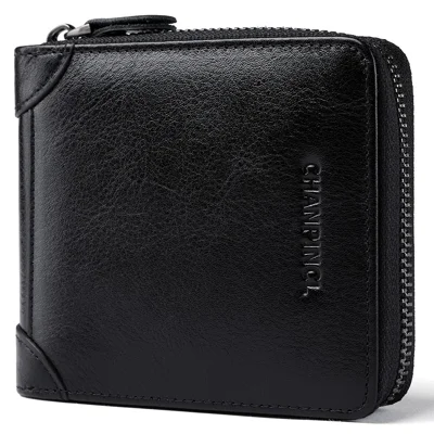 CHANPINCL CLQ375C Genuine Leather Wallet RFID Blocking Card Storage Pouch Cash Money Zipper Carrying Bag - Black