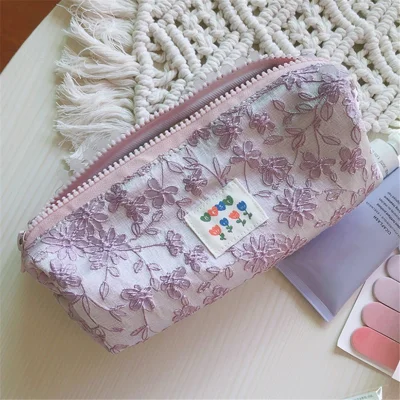 176 Flower Design Women Toiletry Organizer for Traveling Portable Canvas Makeup Bag - Light Purple / Embroidered Flowers