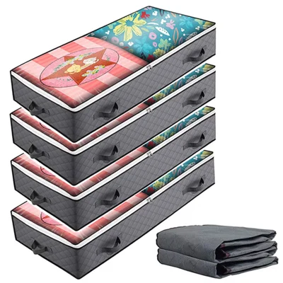 KZ-001001 4Pcs 100*50*15cm Under Bed Zipper Bag with Handle Transparent Window Foldable Blankets Clothes Storage Bin - Grey