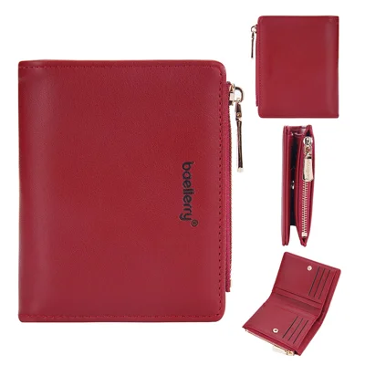 BAELLERRY N8113 Portable Bi-fold Coin Purse Zipper Pocket Design PU Leather Women Short Wallet - Red