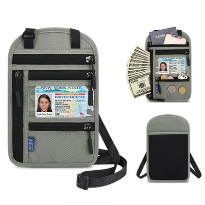 Porta-tessera da collo in borsa da applicare Supporto per badge Supporto per carte di credito con funzione di blocco RFID - Grigio chiaro