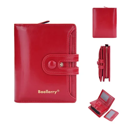 BAELLERRY N3255 Women PU Leather Zipper Coin Purse Dual Button Short Wallet Cards Cash Holder - Red