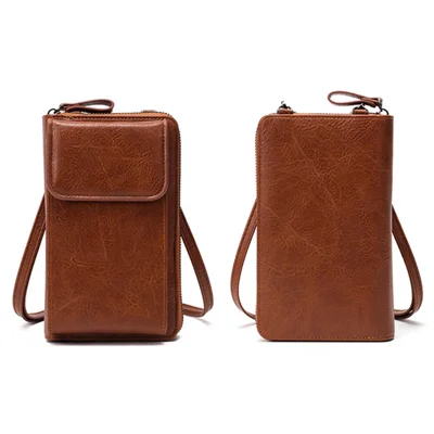 Stilvolle PU-Leder-Damen-Handytasche mit Reißverschluss-Münzbörse und Umhängetasche - Braun