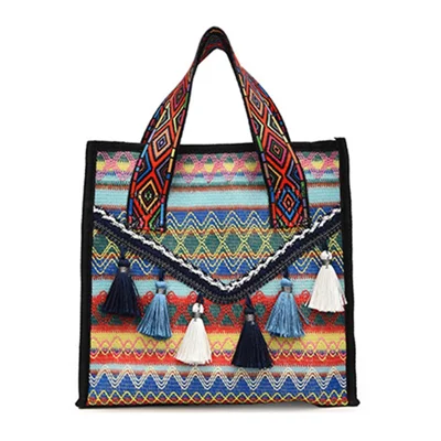Grande Borsa a Mano in Tessuto Lavorato a Maglia da Donna e Ragazza, Stile Etnico con Decorazione a Nappa - Blu