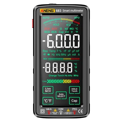 ANENG 683 Multimeter med Touch Screen og NCV-induktion, digital højpræcisions, smart automatisk område, brændsikker, genopladelig multimeter - Sort