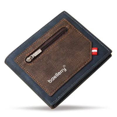 BAELLERRY D9199 Conception à Fermeture Éclair Couleur Contrastée Portefeuille Court en Cuir PU pour Hommes Sac de Transport pour Cartes et Espèces - Bleu