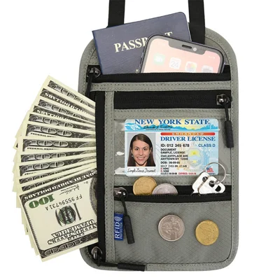 JUNLETU Borsa da viaggio per passaporto RFID con blocco, custodia per carte di credito e biglietti, borsa a tracolla in nylon, colore grigio chiaro