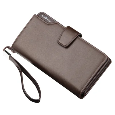 BAELLERRY S1063 Portefeuille Long pour Hommes Porte-Téléphone Portable Fermeture Éclair Cuir PU Embrayage avec Sangle à Main - Café