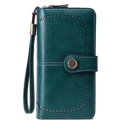 CHARM INFINITE Waxy PU Leather RFID Blocking Long Wallet Cellphone Purse with Wrist Strap - Peacock Blue