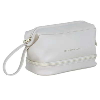Doppelschichtige Make-up-Organizer-Tasche, Kosmetik-Aufbewahrungstasche, tragbare PU-Leder-Reise-Toilettenartikel-Organizer-Tasche, Größe: L - Weiß