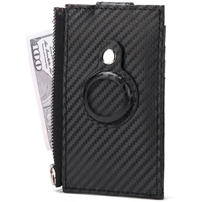 DEABOLAR Carbon Fiber Card Holder Folding Zippered Wallet Bag with Tracker Slot for Apple AirTag - Black