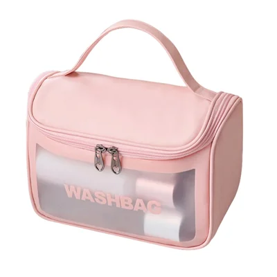 Portable Wash Bag Matte Translucent PVC + PU Leather Travel Cosmetic Toiletry Bag - Pink