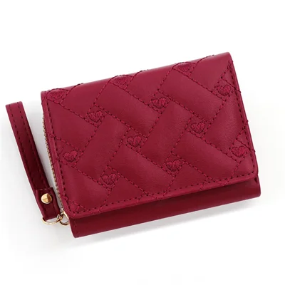 T441-1 Women Heart Embroidery Tri-fold Short Wallet PU Leather Zipper Coin Purse - Red