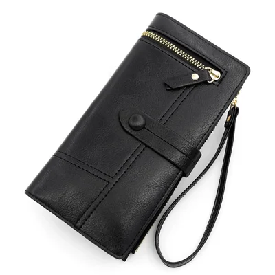 R823-3 Bi-fold Long Wallet Women Multiple Card Slots Zipper Clutch PU Leather Cellphone Purse with Wrist Strap - Black