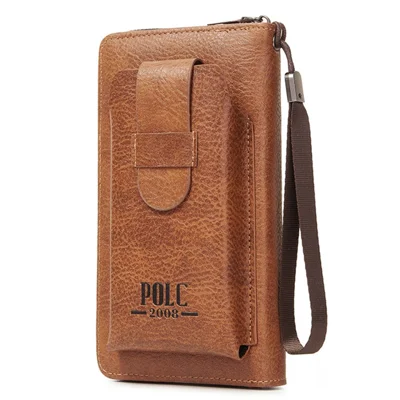POLC PU Leather Zipper Design Wallet Coin Card Storage Holder Cash Cell Phone Organizer Pouch Wrist Clutch Bag - Light Brown