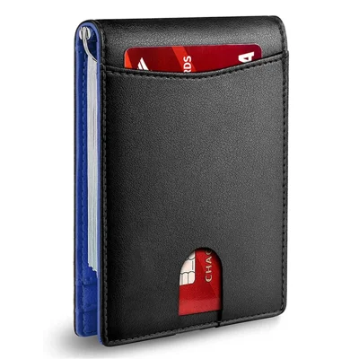 Cartera de Tarjetas con Bloqueo RFID de Piel de Microfibra con Clip para Billetes - Textura Lisa / Azul