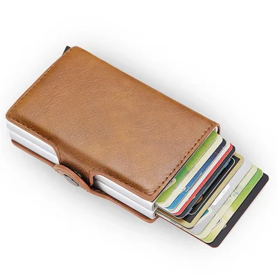 Porta Carte di Credito con Blocco RFID in Pelle PU + Lega di Alluminio Pop Out a Doppio Strato - Marrone