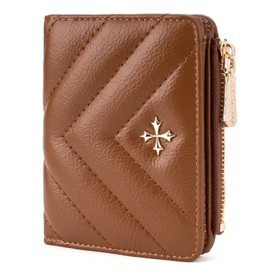BAELLERRY N2401 PU Leather Women Short Wallet Cross Decoration Zipper Pocket Coin Purse - Brown