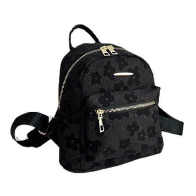 Lovely Flower Pattern Canvas Backpack Women Casual Small Dual Shoulder Bag - Black