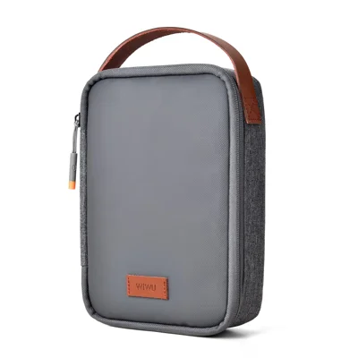 WIWU Splash-Proof Polyester Storage Bag with Leather Strap, Portable Zippered Organizer Bag - Grey
