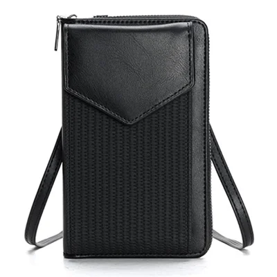 3421 PU Leather Weave Crossbody Bag for Women Cell Phone Mini Pouch Card Holder Wallet Shoulder Bag - Black