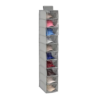 MOHO & HOME 6312 Clear Lid Design 10 Layer Hat Storage Bag Non-woven Wardrobe Hanging Organizer, 23*30*150cm - Grey